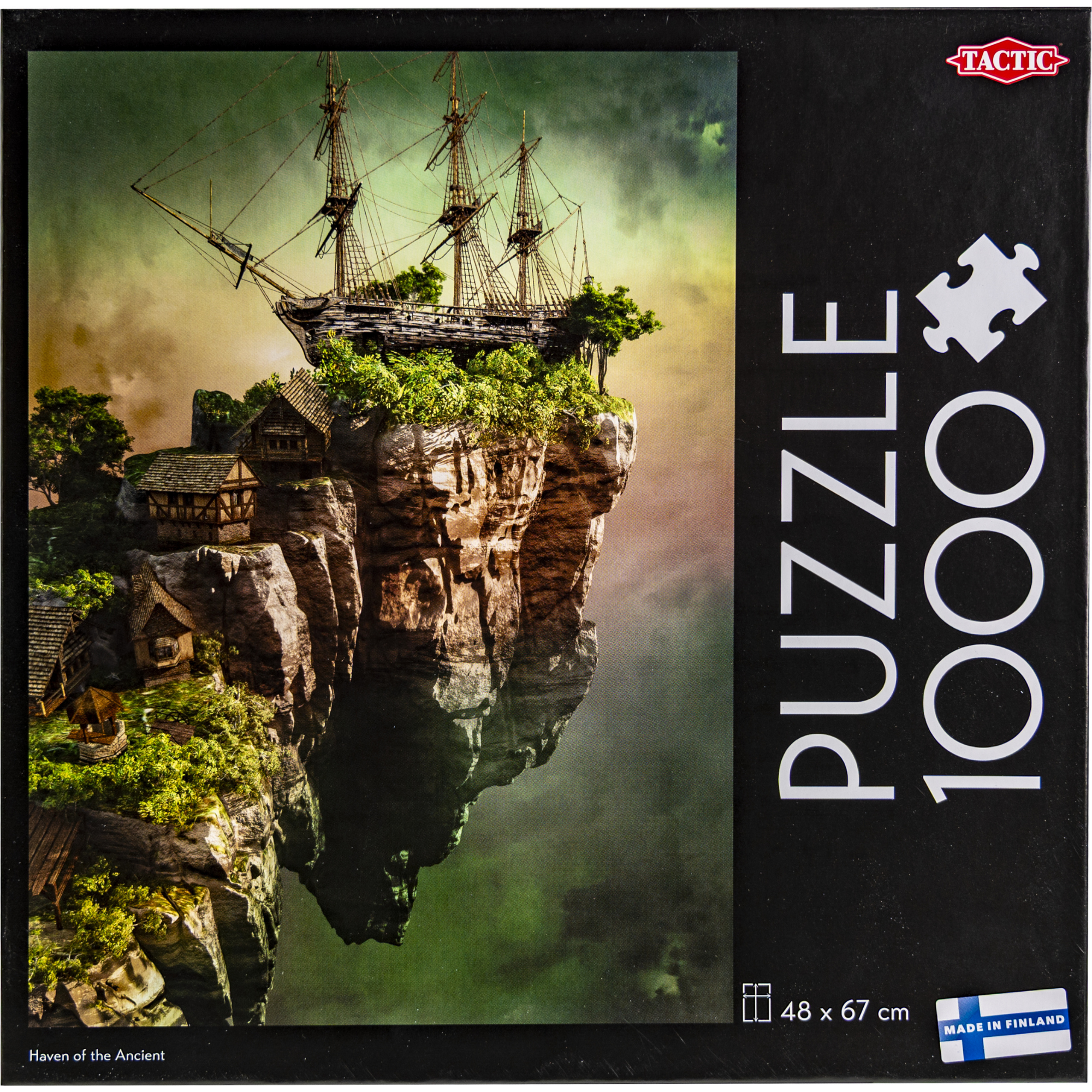 Puslespilleske med fantasymotiv av skip strandet på toppen av et fjell